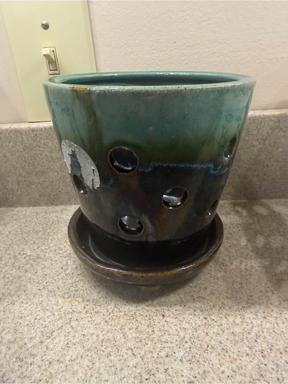 Green/Black Glazed Ceramic Round Orchid Flower Pot w/ Saucer Side Holes Medium